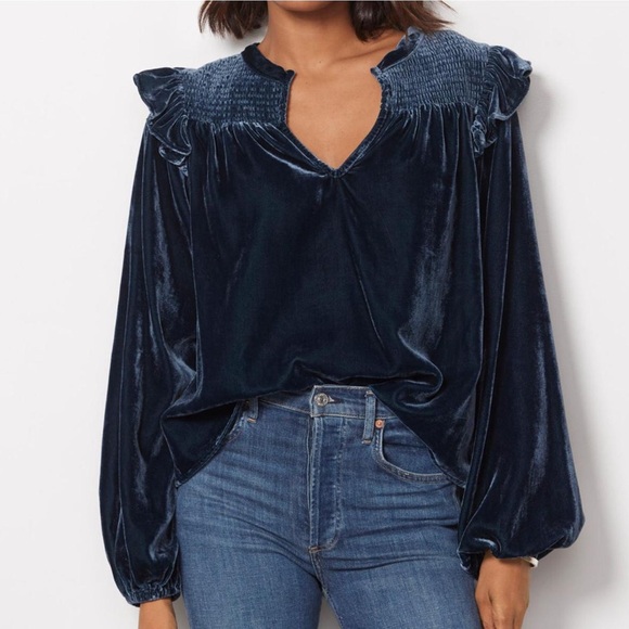 Evereve Tops - Evereve Yana Velvet Ruffle Top, navy blue with long sleeves